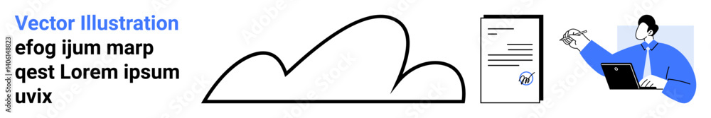 Cloud icon beside document and professional working on a laptop, signifying digital file sharing, cloud storage, and collaboration. Ideal for technology, business, education, communication Cloud icon beside document and professional working on a laptop, signifying digital file sharing, cloud storage, and collaboration. Ideal for technology, business, education, communication