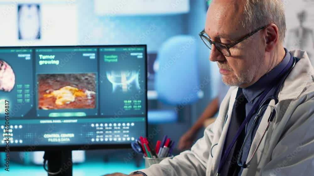 Specialist and old woman discuss x ray scan for preventive cancer medicine and health awareness. Cancer expert provides a geriatric patient with insights into tumor risks. Camera B. Specialist and old woman discuss x ray scan for preventive cancer medicine and health awareness. Cancer expert provides a geriatric patient with insights into tumor risks. Camera B.