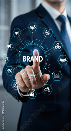 Brand Building: Man touching virtual screen with brand management icons. Grow your business, strategy, and success with powerful branding!