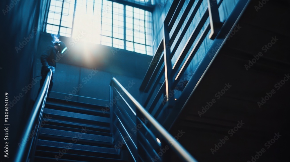 Fototapeta premium Welder assembling a metal staircase railing with a precision arc weld. Featuring safety and durability