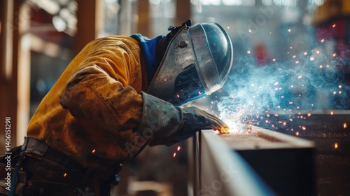 Welder fusing metal beams at a construction site. Featuring precision and strength