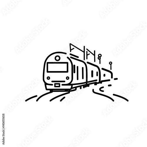 Simple black outline of a modern train on curved tracks icon