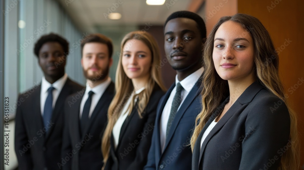 Portrait of young business professionals standing in a row in a professional office setting Portrait of young business professionals standing in a row in a professional office setting