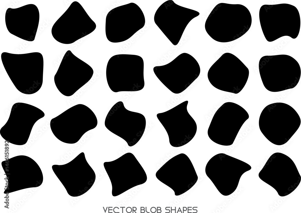 Fototapeta premium Set of abstract black blob wavy shapes in various irregular flat style forms for background, poster or web sale design template. Vector illustration fluid smooth textures dynamic silhouettes.