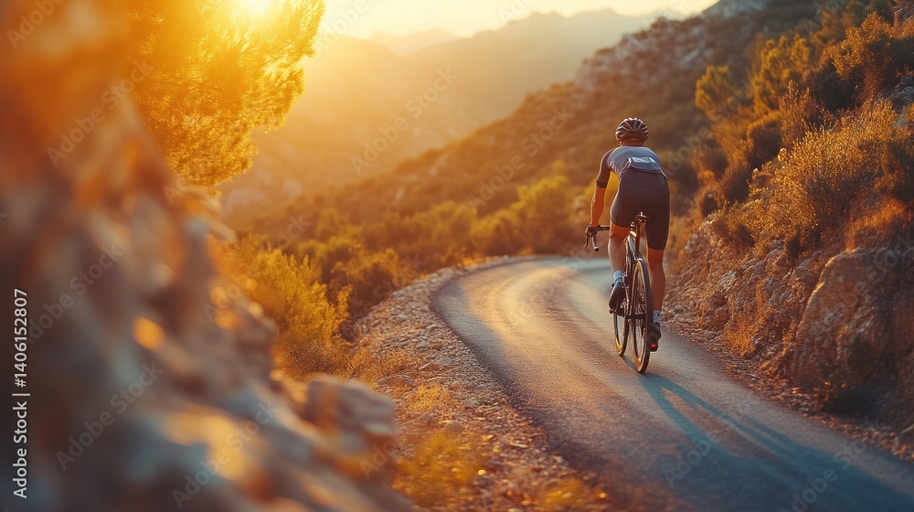 Cyclist Riding on a Winding Road at Sunset with Mountain Views and Golden Light Cyclist Riding on a Winding Road at Sunset with Mountain Views and Golden Light