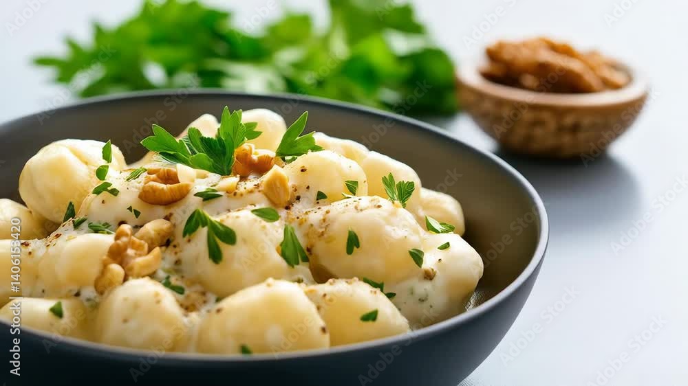 Delicious Gnocchi in Creamy Sauce garnished with fresh parsley and walnuts showcasing culinary delight Delicious Gnocchi in Creamy Sauce garnished with fresh parsley and walnuts showcasing culinary delight