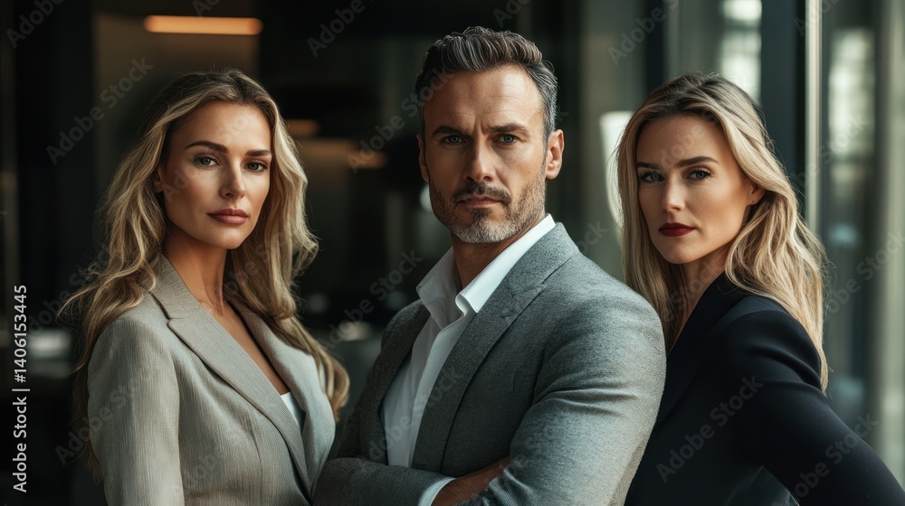 Serious yet elegant businesspeople posing in front of an office background, showcasing professionalism Serious yet elegant businesspeople posing in front of an office background, showcasing professionalism