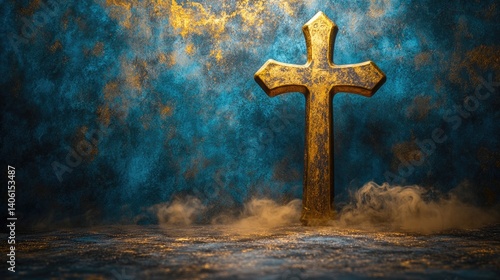 Obraz na płótnie vintage christian easter background with Holy cross, the symbol of death and resurrection of Jesus Christon old gold blue concrete wall w salonie