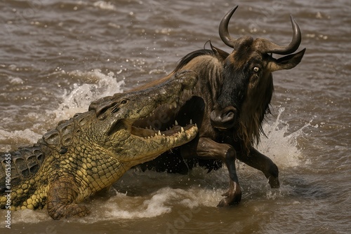 Nile crocodile attacking wildebeest in Mara River