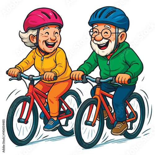 Colorful cartoon-style fun vector illustration of a joyful smiling happy elderly couple riding bicycles side by side, smiling and wearing helmets, set against a white background. Isolated design.