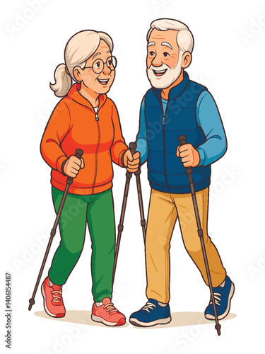 Colorful cartoon-style fun illustration of an elderly couple Nordic walking together with poles, smiling and enjoying outdoor exercise on a white background. Vector isolated bright design.