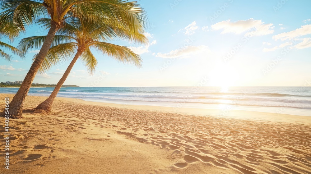 Obraz premium Beach scene with palm trees ocean and sand vacation travel destination
