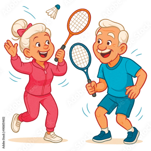 Fun Cartoon-style sports vector illustration of an happy smiling elderly couple playing badminton with joyful expressions, dressed in bright sporty outfits and captured in motion on white background.