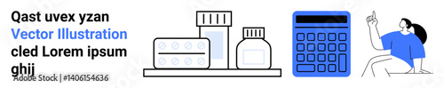 Medical bottles, tablet pack, and digital calculator in clean layout with a woman adding ideas. Ideal for healthcare, finance, education, analytics, planning, research simple landing page
