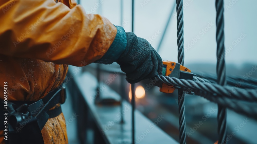 Bridge inspector evaluating steel cables for structural integrity. Featuring safety inspections Bridge inspector evaluating steel cables for structural integrity. Featuring safety inspections