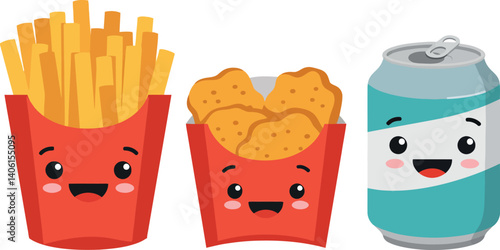 Cute fast food characters featuring smiling fries, chicken nuggets, and a cheerful soda can in flat vector art