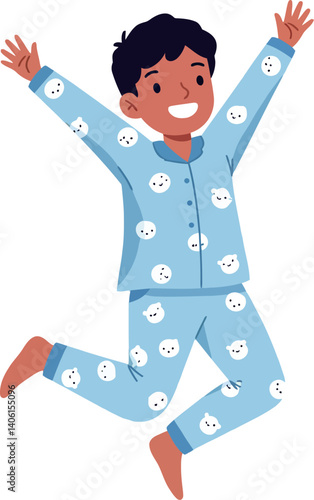 Happy child in playful blue pajamas expressing joy in a minimal vector illustration