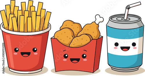 Playful fast food characters featuring fries, chicken, and soda in a cute flat vector illustration