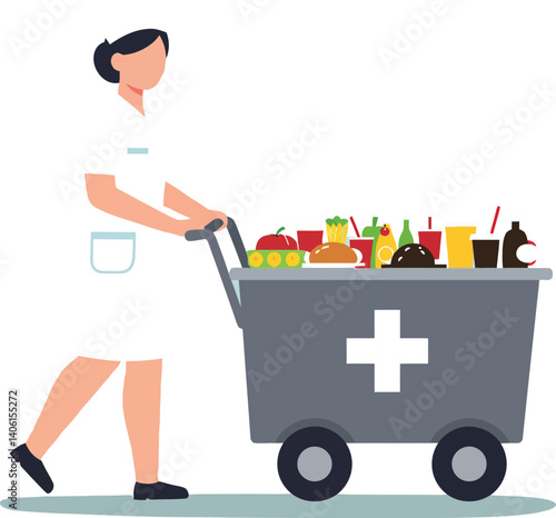 Nurse pushing a shopping cart filled with food items in a flat vector illustration