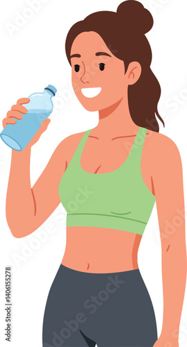 Fit woman in a green sports bra holding a water bottle in a flat vector illustration