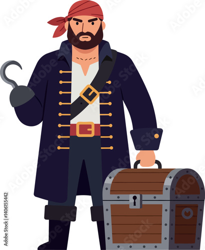 Pirate character holding a treasure chest in flat vector art style with a confident expression