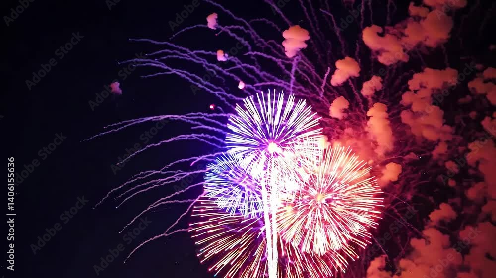 Vibrant fireworks exploding in night sky celebration