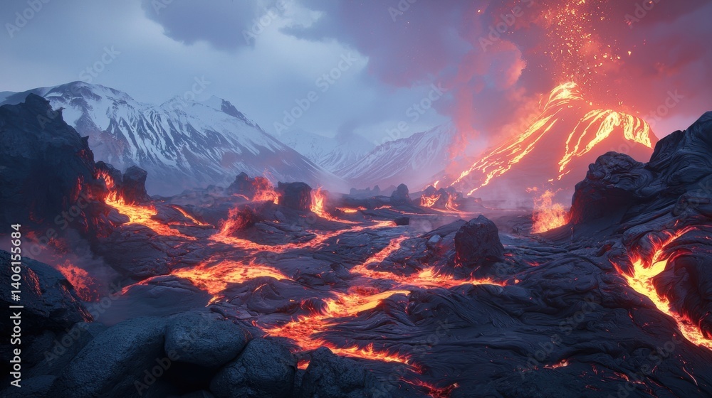 Volcanic landscape with flowing lava and snow-capped mountains. Volcanic landscape with flowing lava and snow-capped mountains.