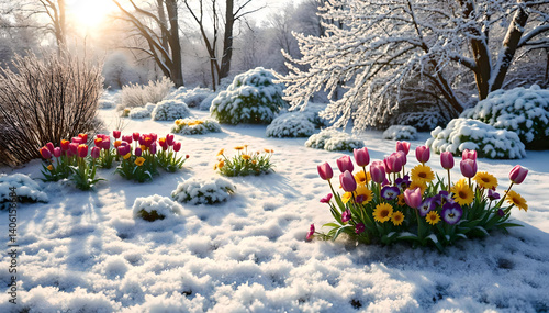 Frozen grass and colorful flowers defy winter’s chill, glowing with icy beauty amidst snow-covered trees—nature’s vibrant resilience preserved in a crystal garden