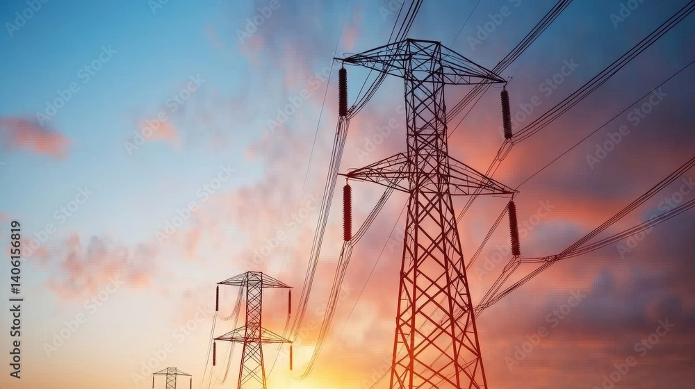 Power lines stand tall against a vibrant sunset sky, witnessing the transition from day to night in a rural landscape dotted with nature Power lines stand tall against a vibrant sunset sky, witnessing the transition from day to night in a rural landscape dotted with nature