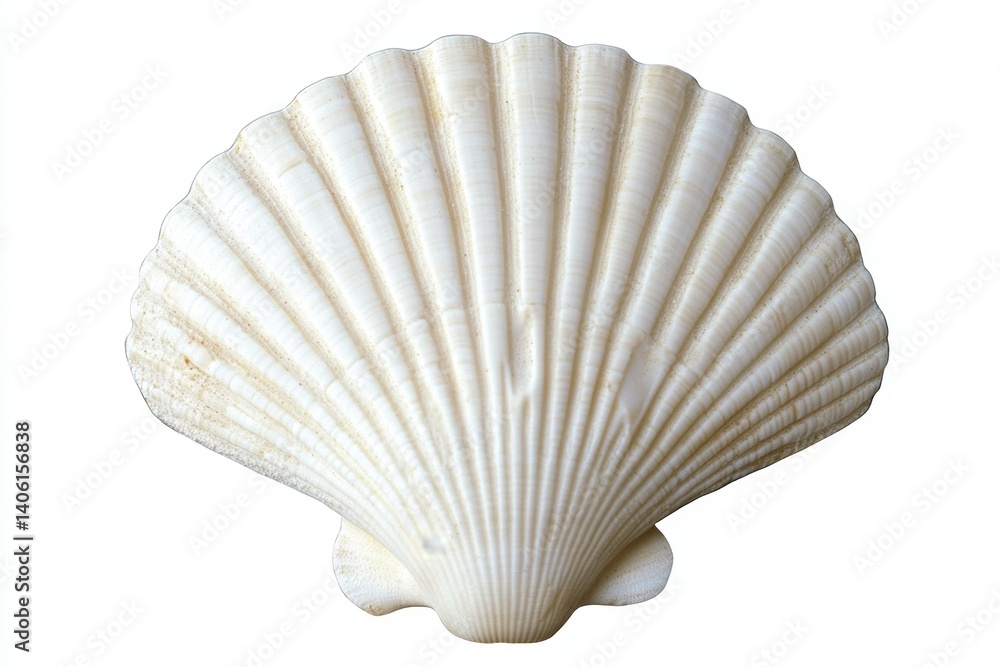 White scallop shell on white background, ocean theme, isolated, design element White scallop shell on white background, ocean theme, isolated, design element