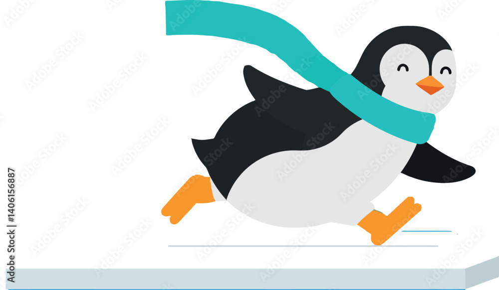 Playful penguin in a vibrant scarf dashing across an icy surface in flat vector art Playful penguin in a vibrant scarf dashing across an icy surface in flat vector art