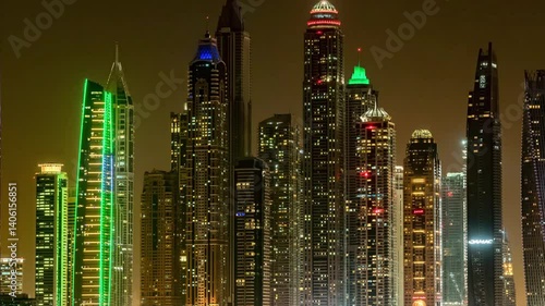 4k dubai night illumination world famous dubai city hotels panorama 4k timelapse uae