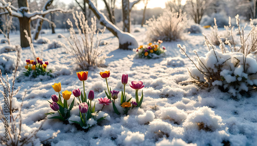 Frozen grass and colorful flowers defy winter’s chill, glowing with icy beauty amidst snow-covered trees—nature’s vibrant resilience preserved in a crystal garden