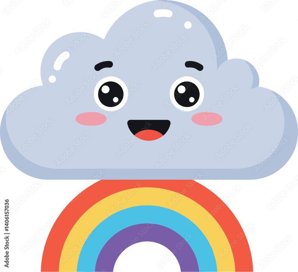 Fototapeta premium Cute smiling cloud with rosy cheeks and a vibrant rainbow beneath it in flat vector art