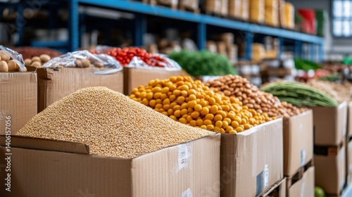 Fresh Produce Display in Warehouse with Colorful Fruits and Grains in Cardboard Boxes