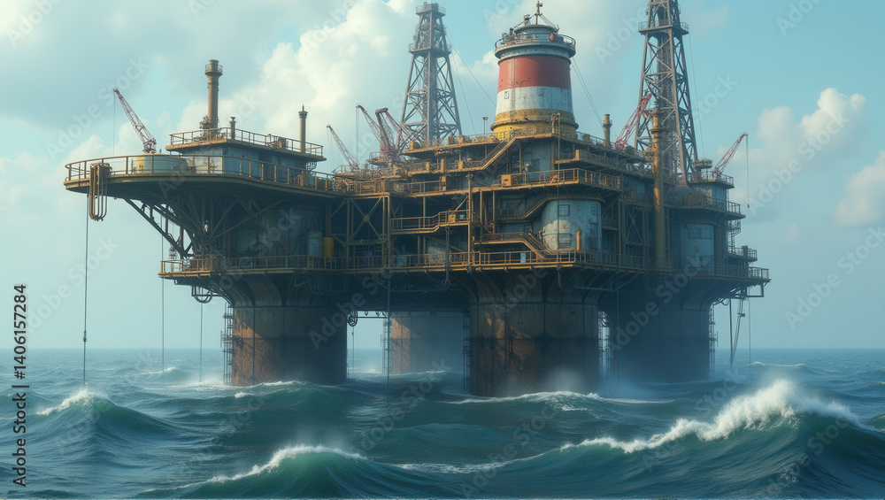 Obraz premium An offshore oil rig stands in the ocean with cranes and equipment visible. A boat is nearby, and the structure shows signs of rust and wear. Generative, AI,