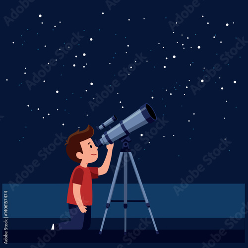 A young boy observing the night sky through a telescope in a flat vector illustration
