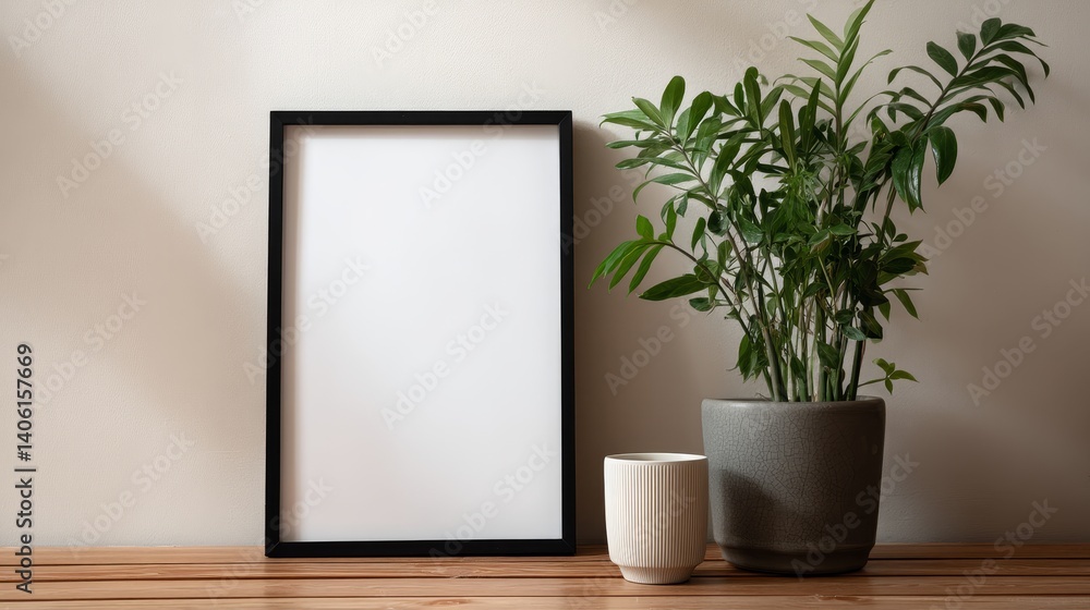 Black empty picture frame and houseplant. Hygge style decor Black empty picture frame and houseplant. Hygge style decor