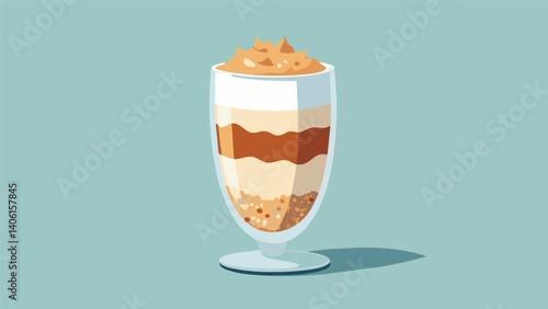 A delightful parfait glass is filled with alternating layers of crunchy almond granola and velvety coconut yogurt topped with a sprinkle of toasted. Vector illustration