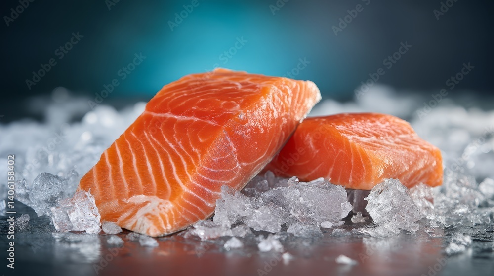 Raw salmon fish on ice cubes. Premium background Raw salmon fish on ice cubes. Premium background