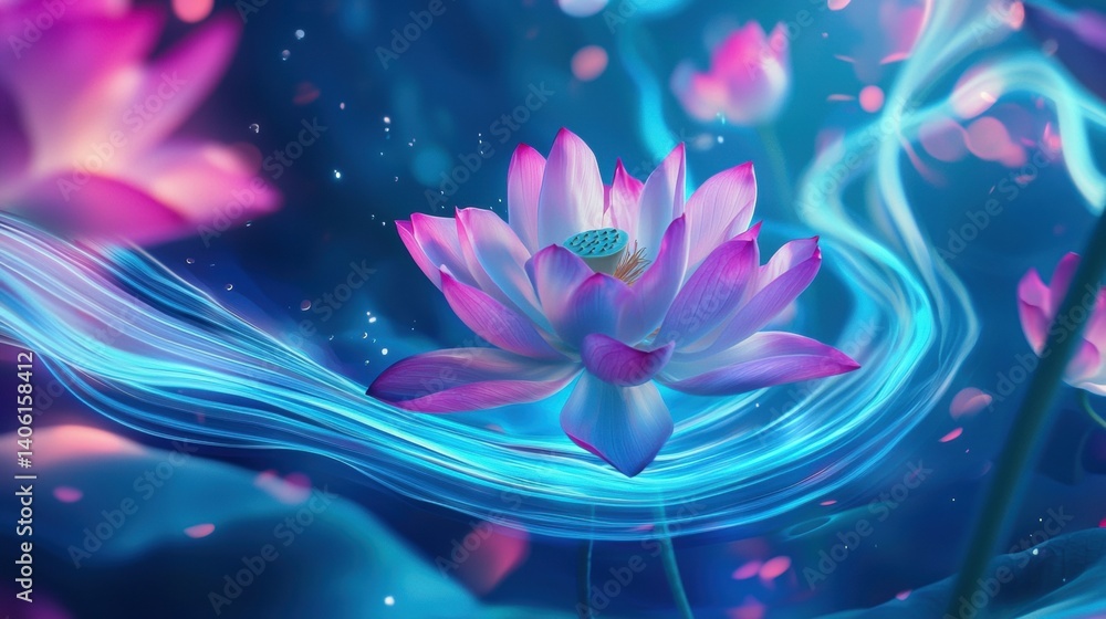 Obraz premium Vibrant lotus flower with flowing light and soft pink tones.