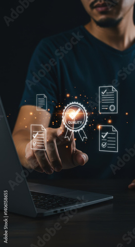  Quality Assurance Online: Man Touching Quality Seal on Laptop. Digital Documents, Compliance, Standards, and Guarantee.