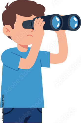 Boy exploring the outdoors with binoculars in a flat vector illustration