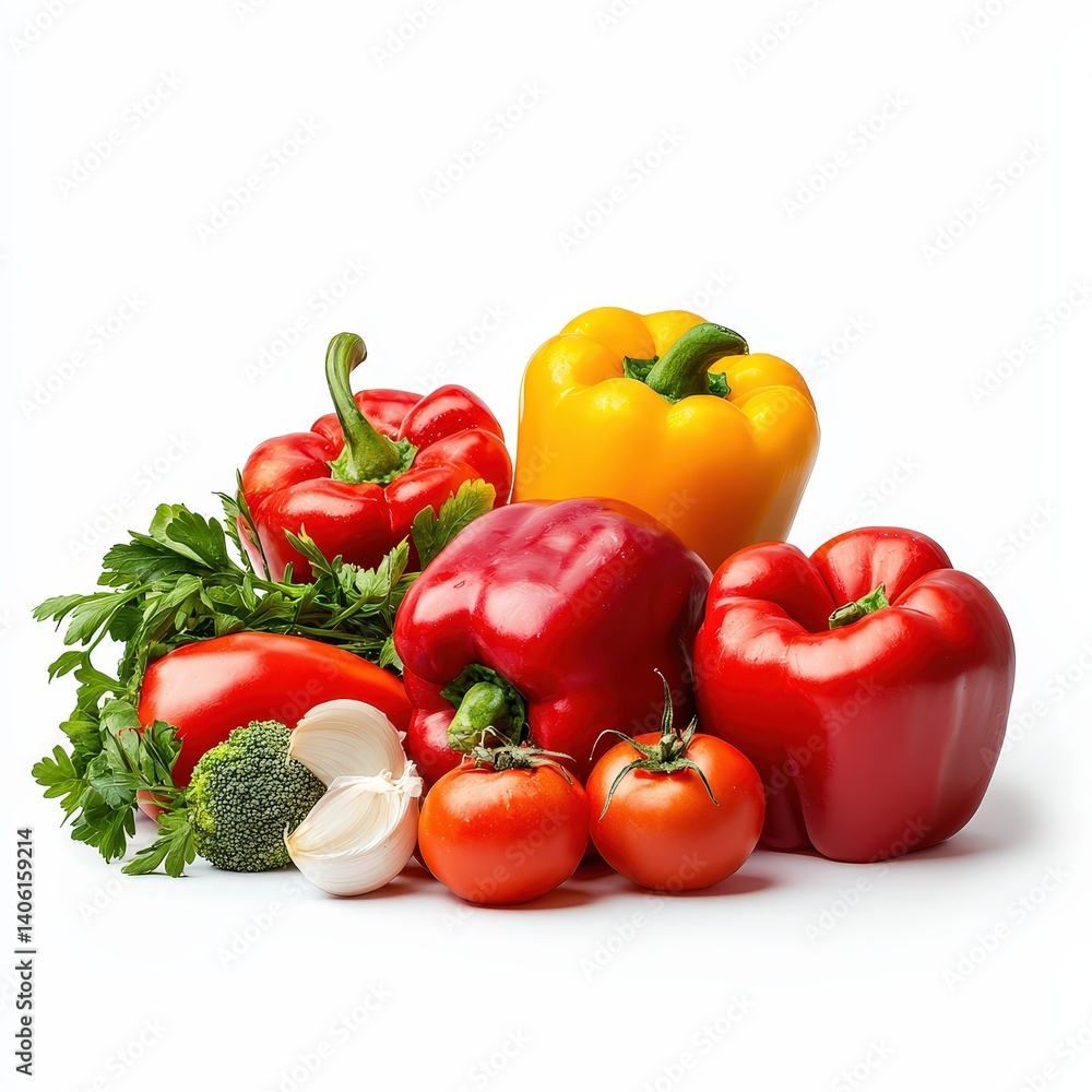 Fresh vegetables arranged on a white background showcasing sweet bell peppers, tomatoes, garlic, and parsley for a healthy culinary experience Fresh vegetables arranged on a white background showcasing sweet bell peppers, tomatoes, garlic, and parsley for a healthy culinary experience