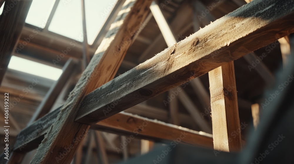 Carpenter assembling a wooden frame for a house in a workshop. Featuring carpentry Carpenter assembling a wooden frame for a house in a workshop. Featuring carpentry