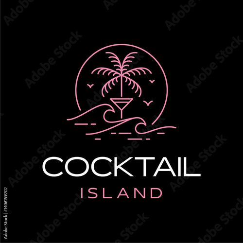 Sunset Cocktail Island Logo. Elegant Night Beach Bar Design