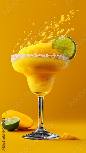Frozen mango margarita with salted rim and lime wedge, vibrant yellow background and splash effect perfect for summer cocktail and beverage concepts