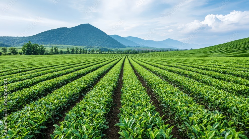 Lush green tea fields stretching across a mountainous landscape under a bright sky during early morning hours in a serene rural location Lush green tea fields stretching across a mountainous landscape under a bright sky during early morning hours in a serene rural location
