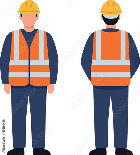 Construction worker wearing safety vest and hard hat in flat vector illustration