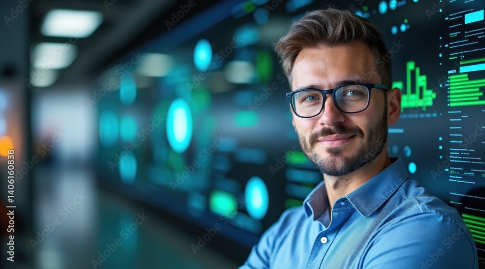 Confident man in glasses in a tech-inspired workspace. Confident man in glasses in a tech-inspired workspace.